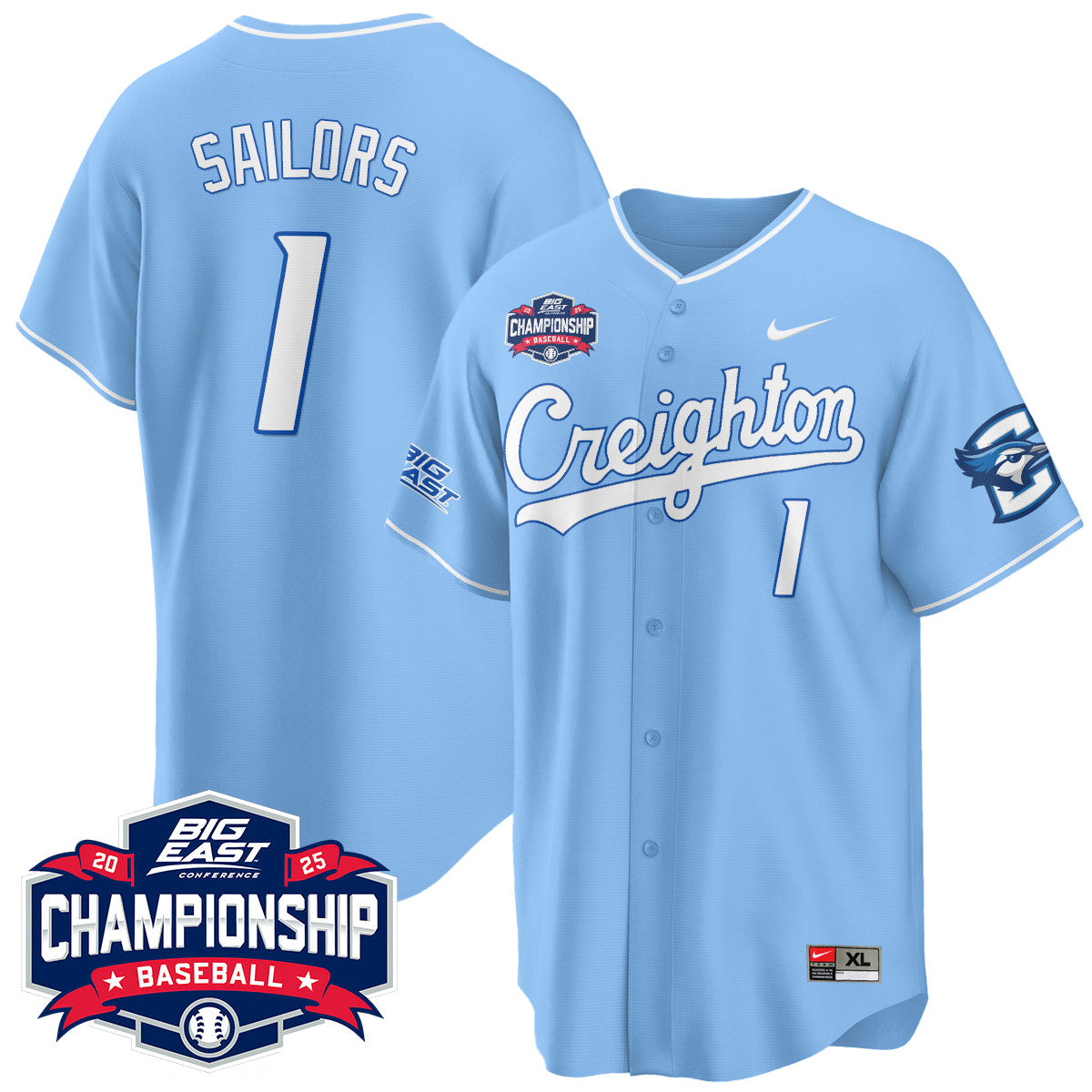 Creighton Bluejays Baseball 2025 Big East Baseball Tournament Champions Men Jersey - All Stitched