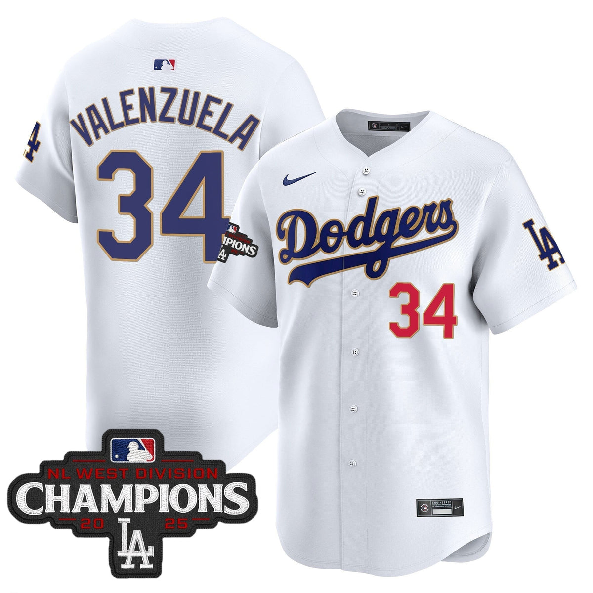 Dodgers 2025 NL West Division Champions Patch Gold Trim Vapor Premier Limited Jersey - Stitched