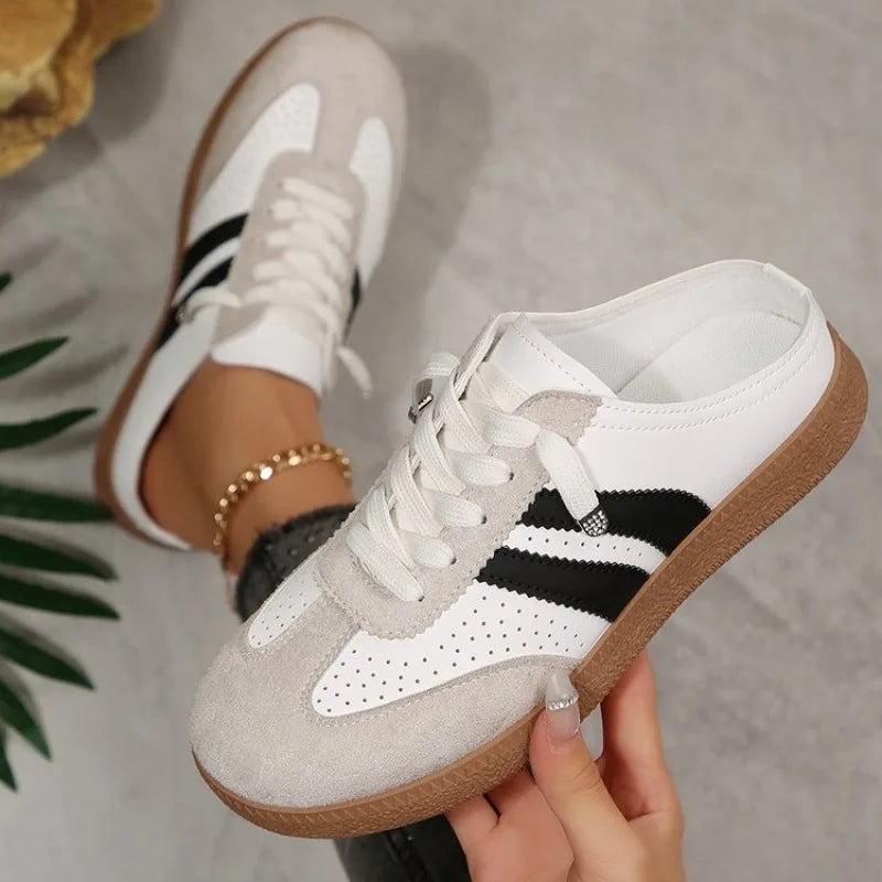 2026 New Women's Mule Sneakers Fashion Lace-up Half Shoes Casual Breathable Non-slip Flat Shoes Retro Women's Shoes