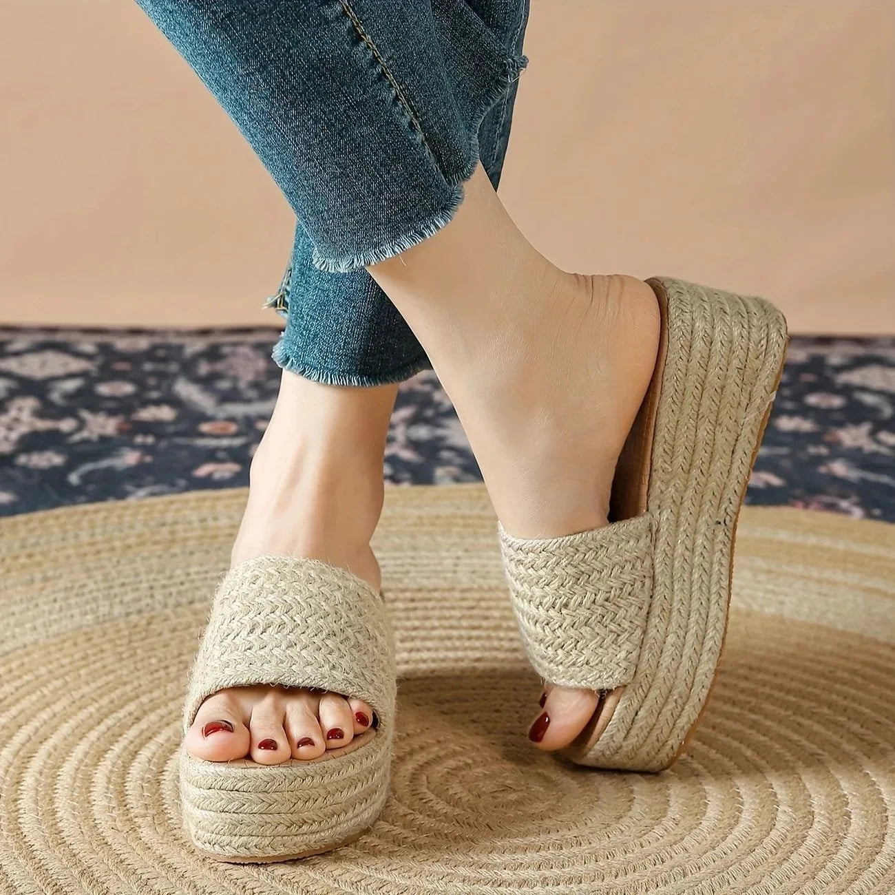 Summer 2025 New Large Size High Heel Slope Follow Casual Linen Slope Leisure Large Size Breathable round Toe Rubber Outsole