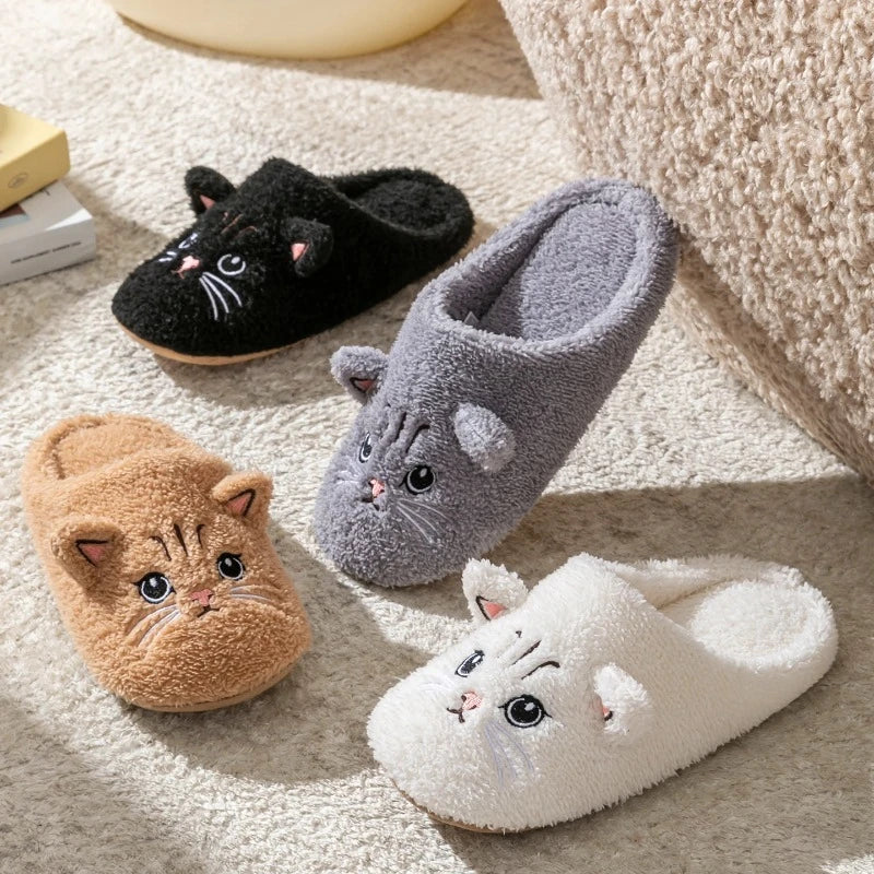 Non-Slip Soft Plush Cat Slippers for Women Men Unisex Warm Fleece House Slippers Indoor Floor Shoes Autumn Winter Home Comfort