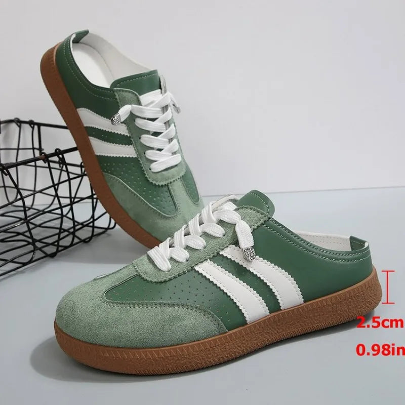 2026 New Women's Mule Sneakers Fashion Lace-up Half Shoes Casual Breathable Non-slip Flat Shoes Retro Women's Shoes