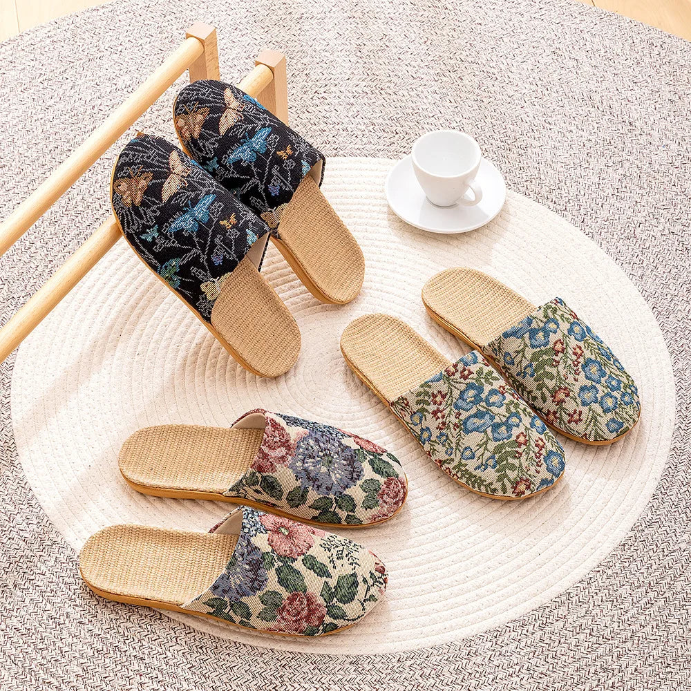 Summer New Arrival Little Bear Fabric Linen Home Slippers for Women Indoor Quiet Breathable Comfortable Floor Shoes