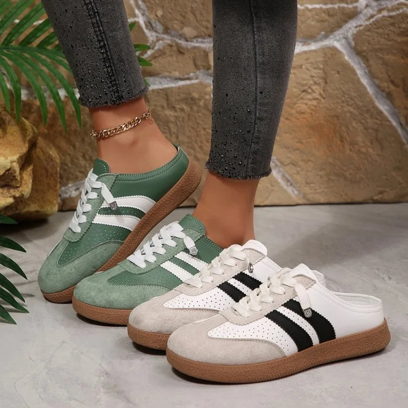 2026 New Women's Mule Sneakers Fashion Lace-up Half Shoes Casual Breathable Non-slip Flat Shoes Retro Women's Shoes