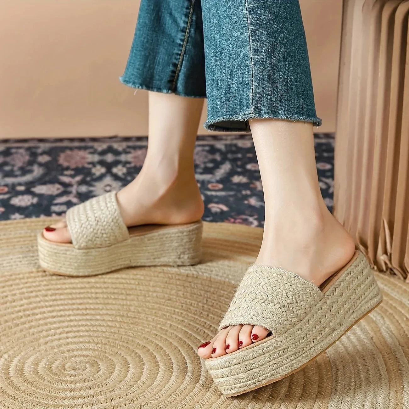 Summer 2025 New Large Size High Heel Slope Follow Casual Linen Slope Leisure Large Size Breathable round Toe Rubber Outsole
