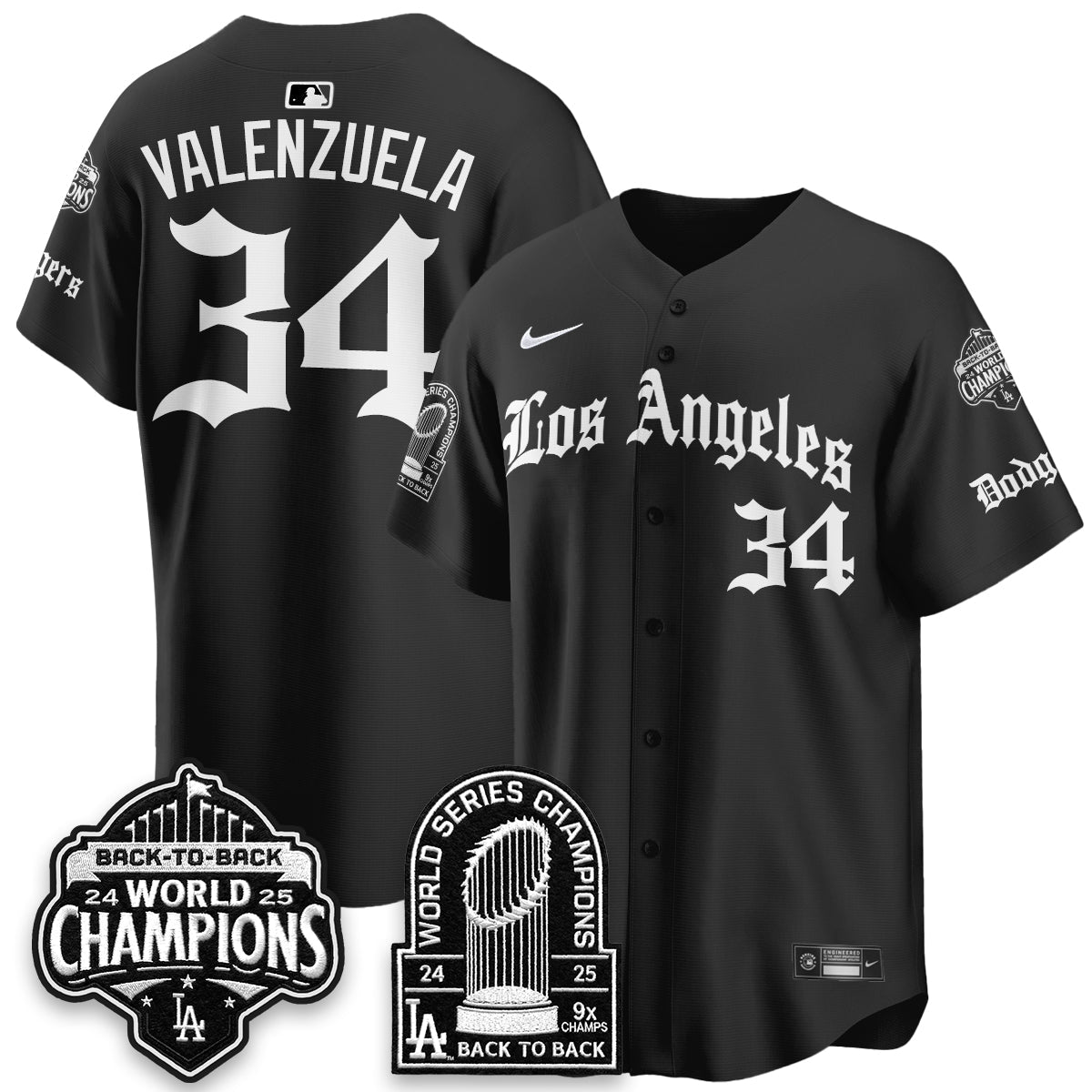 Los Angeles Dodgers WS Champions Back 2 Back Patch Vapor Premier Limited Gothic Edition Jersey - All Stitched