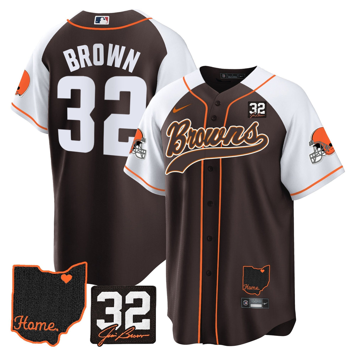 Browns #32 Jim Brown Memorial & Home Patch Baseball Jersey V2 - All Stitched